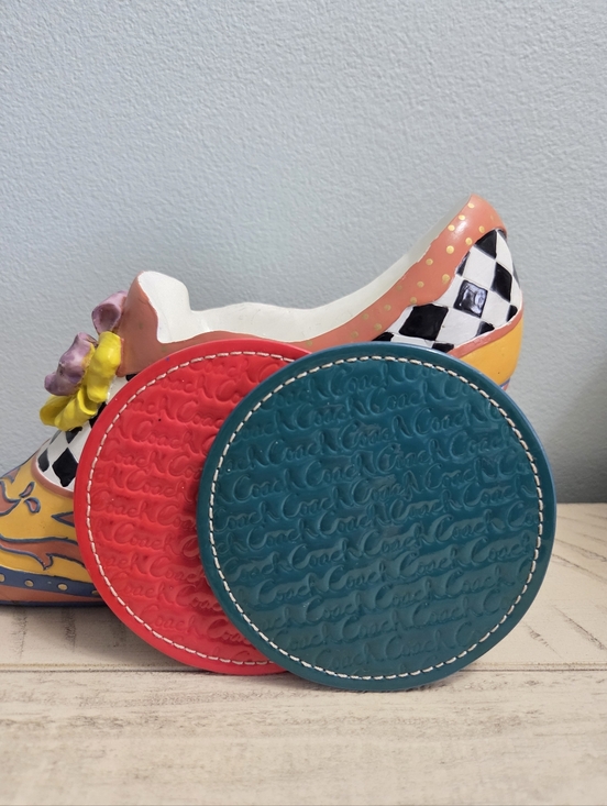Coach Accessories - Coach Logo Embossed Leather Coasters Red & Teal, Set of 2 EUC